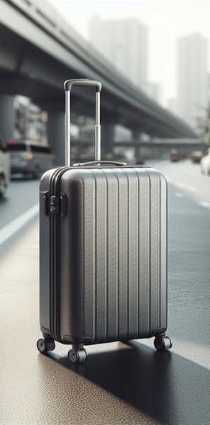 Elegant black suitcase on the road