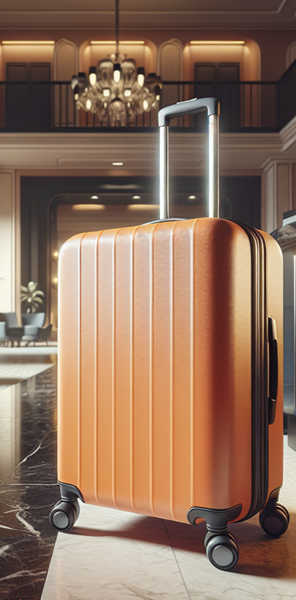 Brown suitcase in hotel lobby